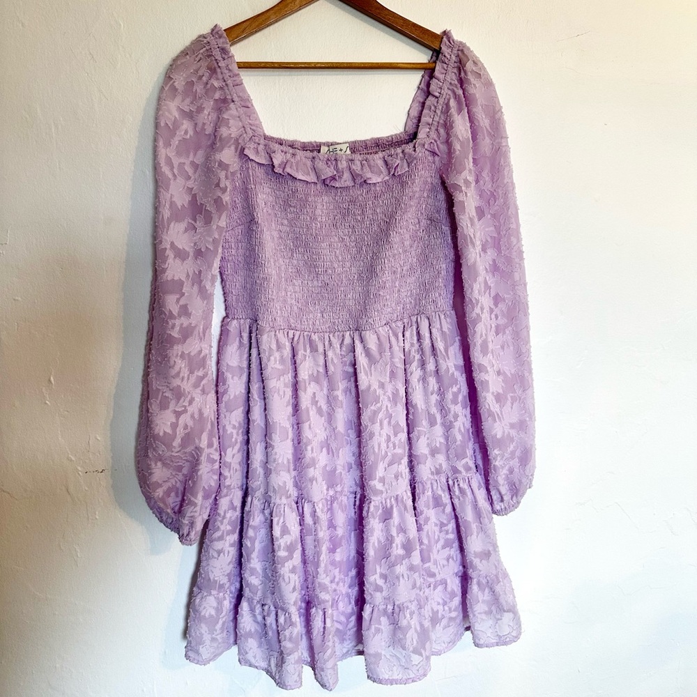 Lavender Floral Lace Long-Sleeve Dress